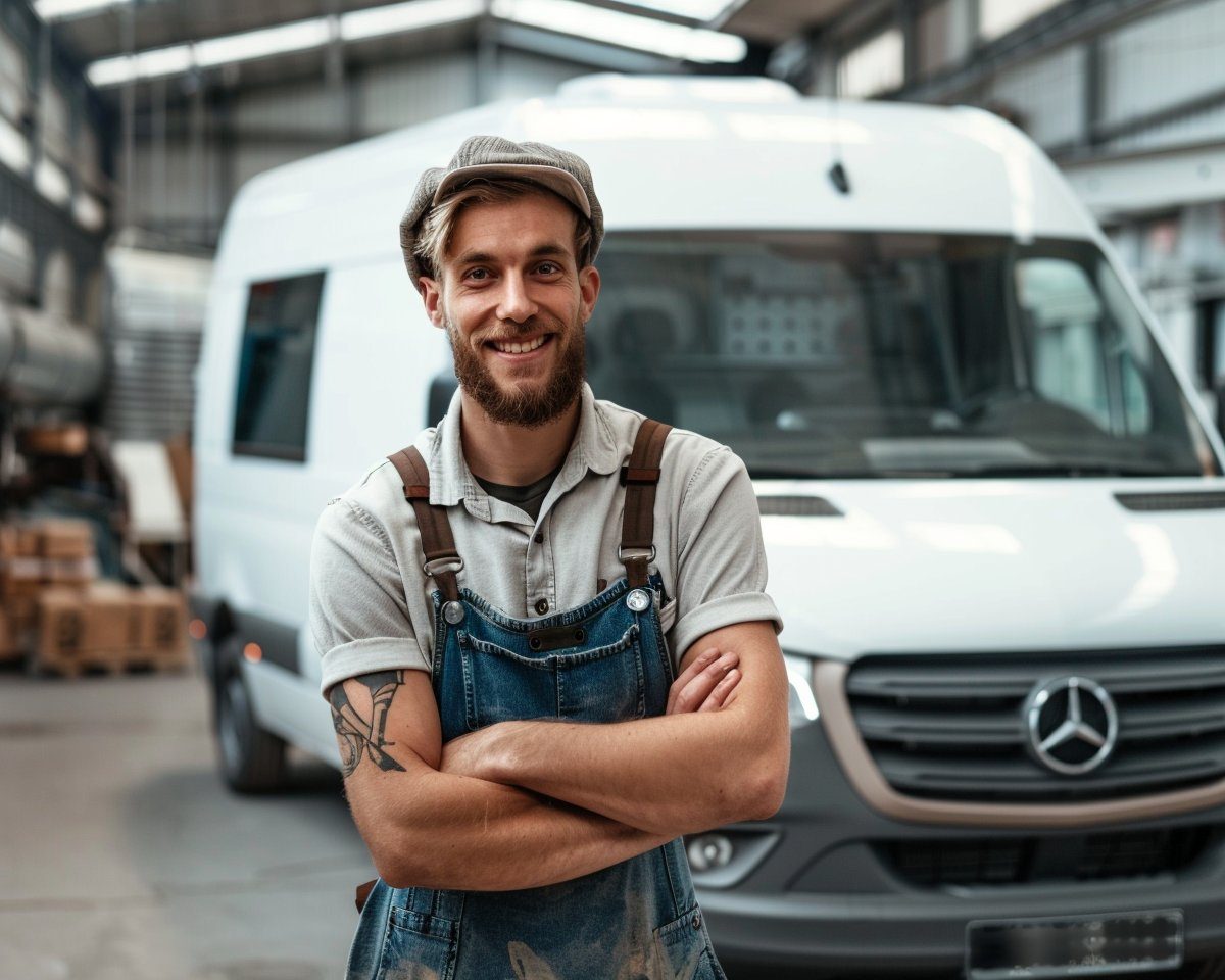 Handwerker vor Firmenfahrzeug